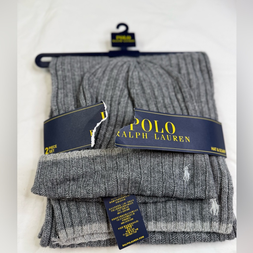 Polo Ralph Lauren Wool Scarf and Beanie Gray Wool Blend 2 Piece Set NWT - Picture 1 of 3